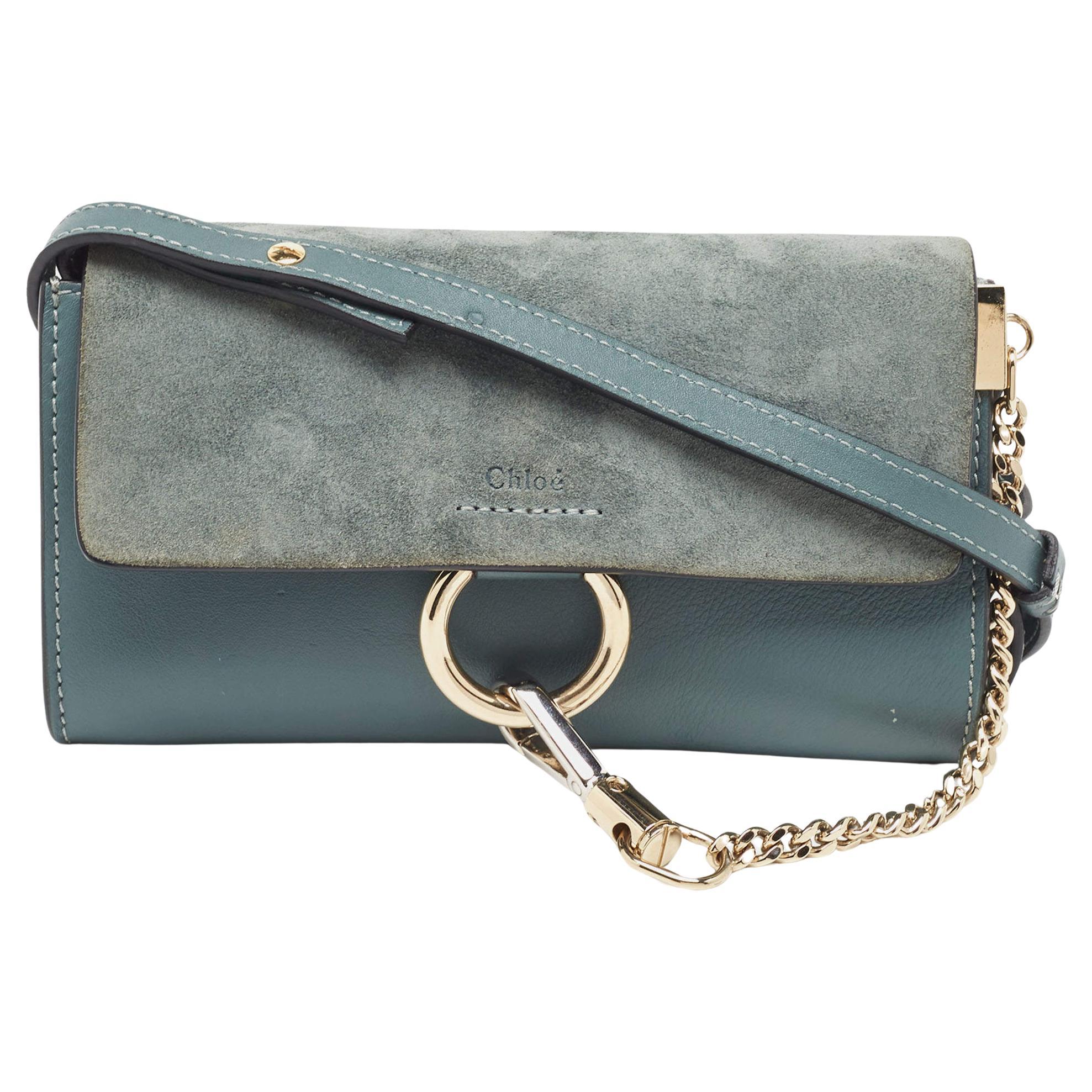 Chloe Blue Leather and Suede Mini Faye Crossbody Bag For Sale