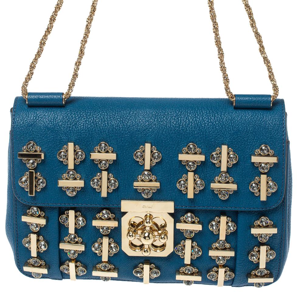 Chloe Blue Leather Medium Crystal Embellished Elsie Umhängetasche (Blau)