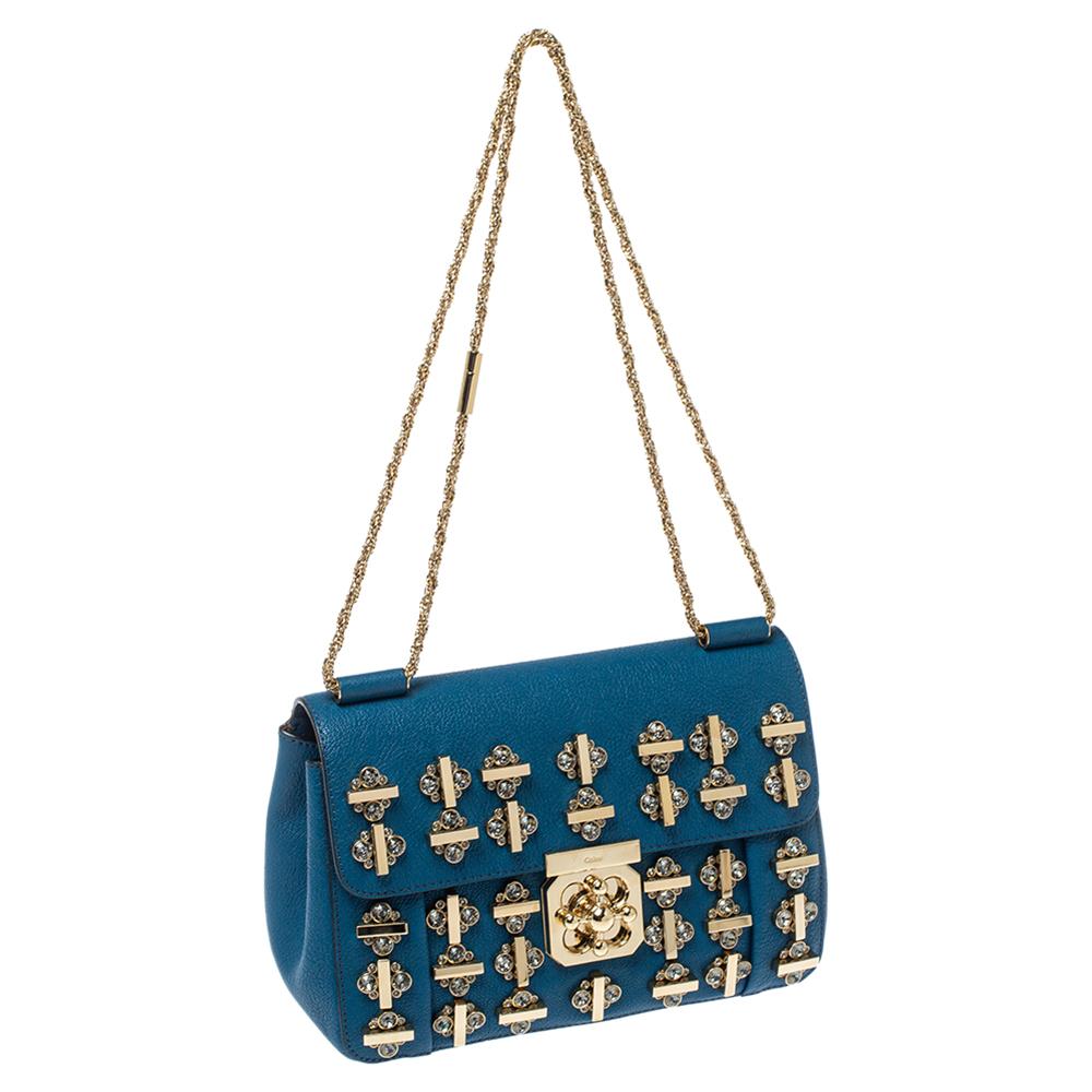 Chloe Blue Leather Medium Crystal Embellished Elsie Umhängetasche im Zustand „Gut“ in Dubai, Al Qouz 2
