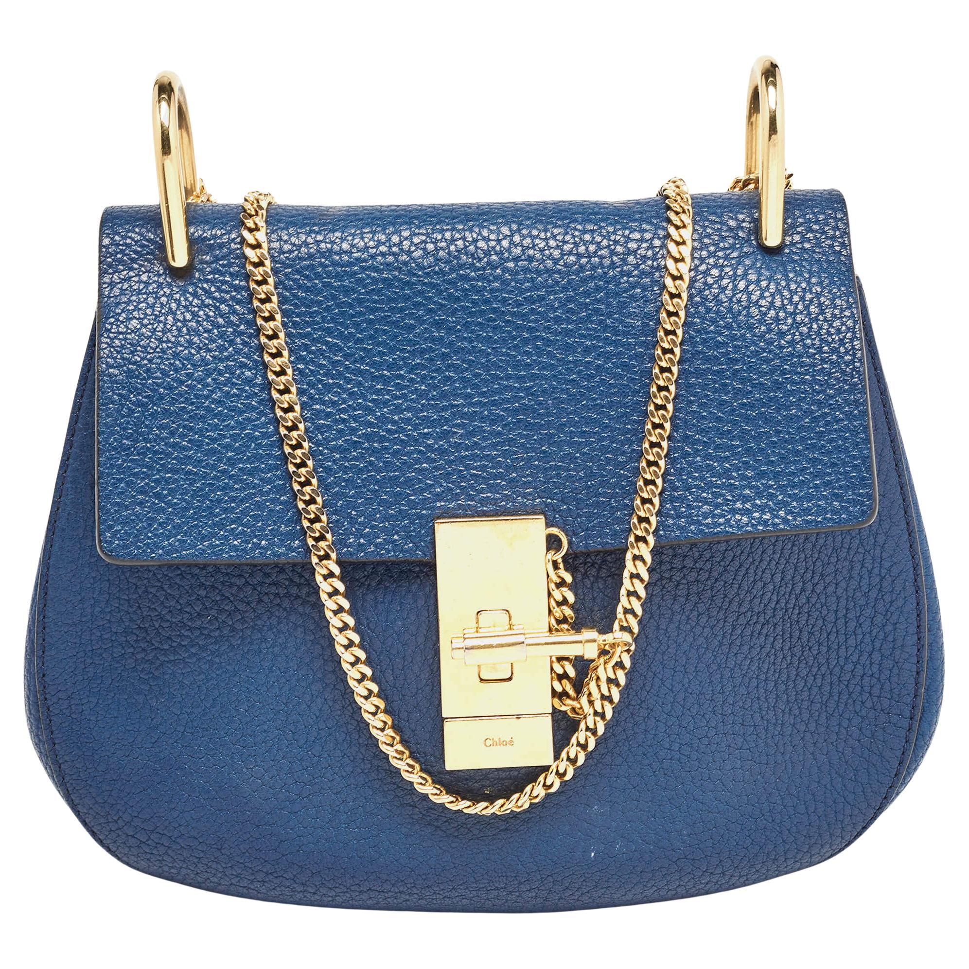 Chloe Blue Leather Medium Drew Shoulder Bag For Sale