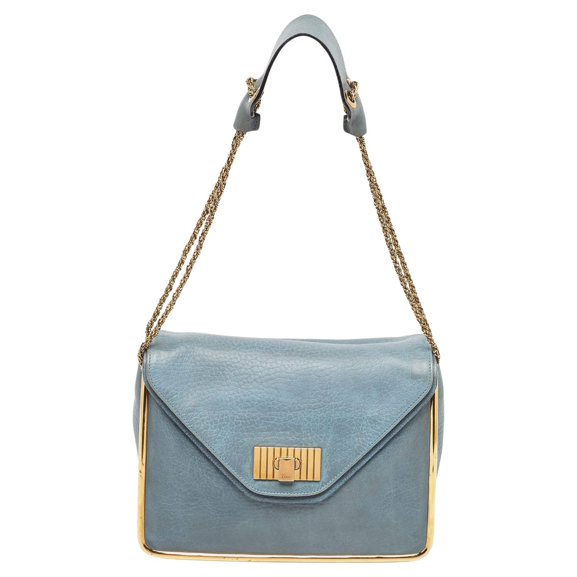 Chloe Blue Leather Medium Sally Shoulder Bag For Sale