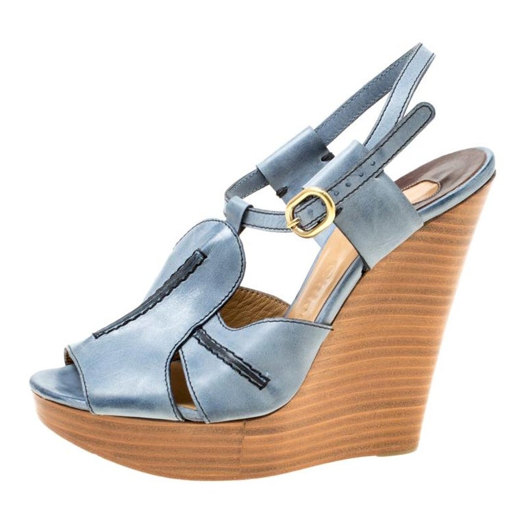 Chloe Blue Leather Peep Toe Platform Wedge Sandals Size 38 For Sale at ...