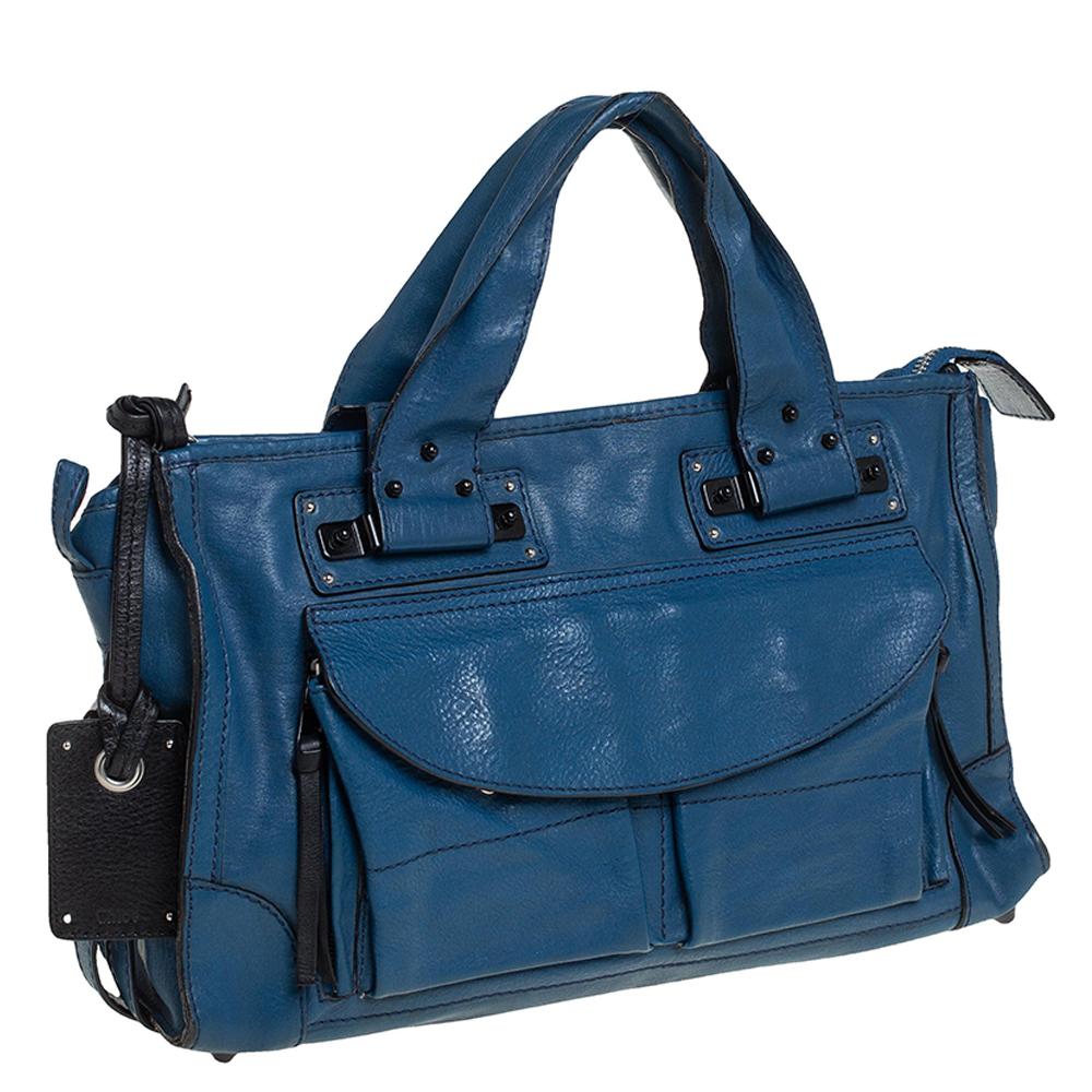 blue leather satchel