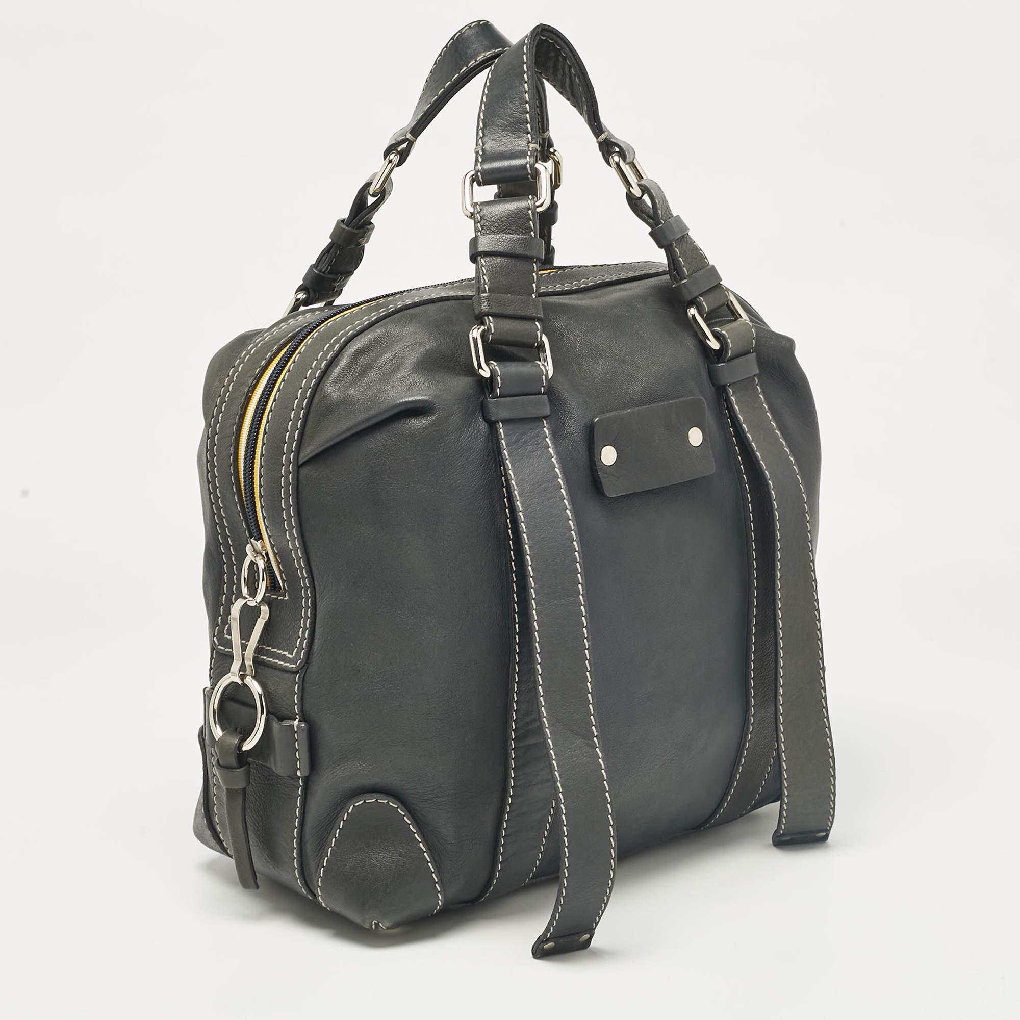 Gray Chloe Blue Leather Zip Dome Satchel For Sale