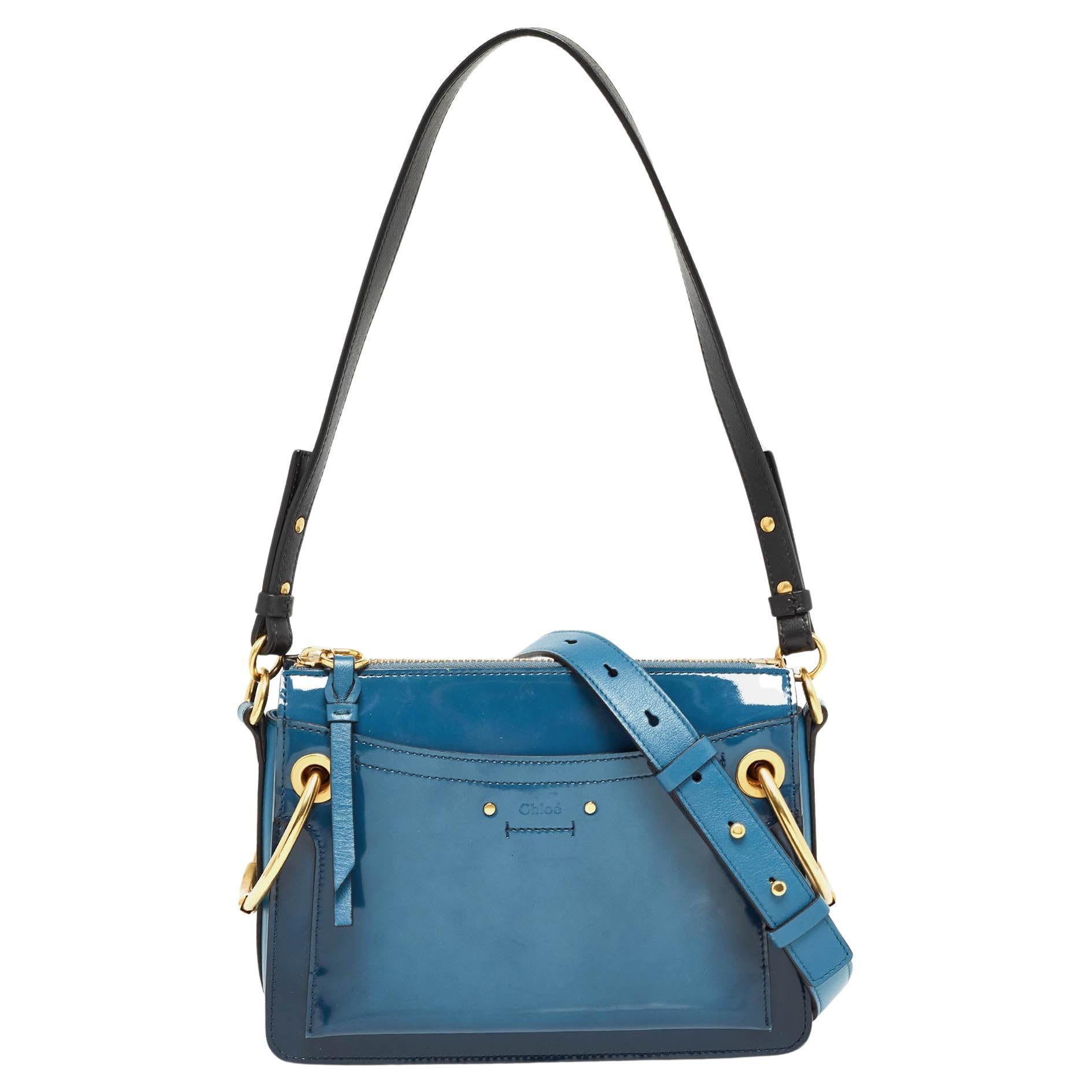 Chloe Blue Patent and Leather Roy Shoulder Bag For Sale
