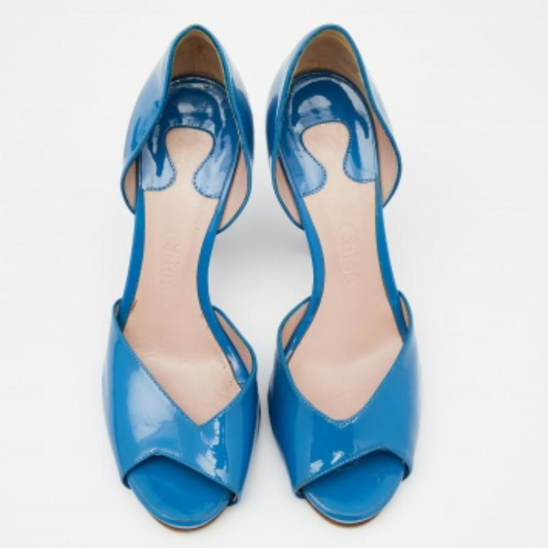 Chloe Blue Patent Leather Peep Toe D'orsay Pumps Size 36 In Fair Condition For Sale In Dubai, Al Qouz 2