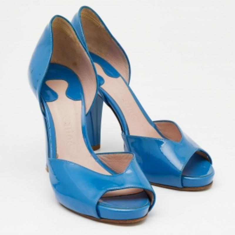 Women's Chloe Blue Patent Leather Peep Toe D'orsay Pumps Size 36 For Sale