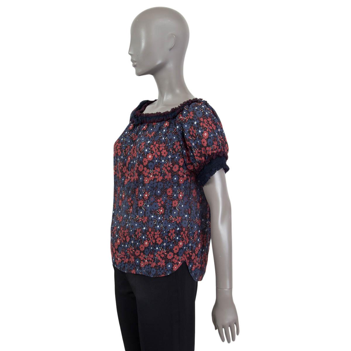 Black CHLOE blue & red cotton & silk RUCHED FLORAL Blouse Shirt 34 XXS For Sale