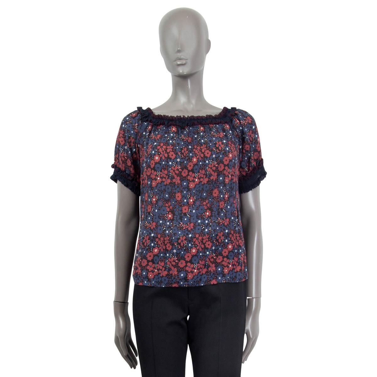CHLOE blue & red cotton & silk RUCHED FLORAL Blouse Shirt 34 XXS For Sale