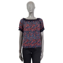 CHLOE blue & red cotton & silk RUCHED FLORAL Blouse Shirt 34 XXS