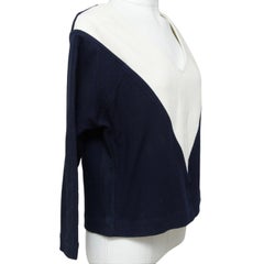 CHLOE Blue Shirt Knit Top Navy Off White V-neck Long Sleeve Cotton Sz S