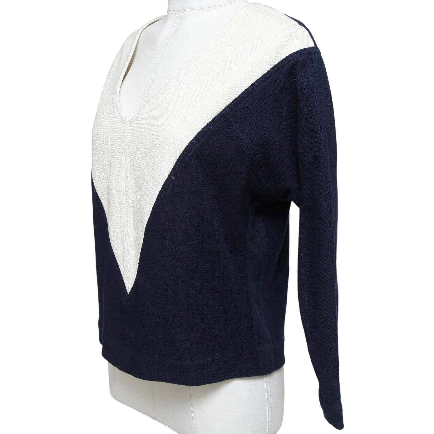 CHLOE Blue Shirt Knit Top Navy Off White V-neck Long Sleeve Cotton Sz S In Good Condition For Sale In Hollywood, FL