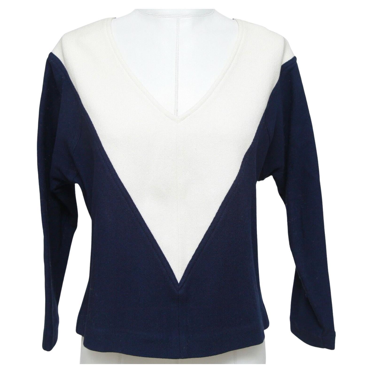 CHLOE Blue Shirt Knit Top Navy Off White V-neck Long Sleeve Cotton Sz S For Sale