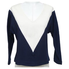 CHLOE Blue Shirt Knit Top Navy Off White V-neck Long Sleeve Cotton Sz S