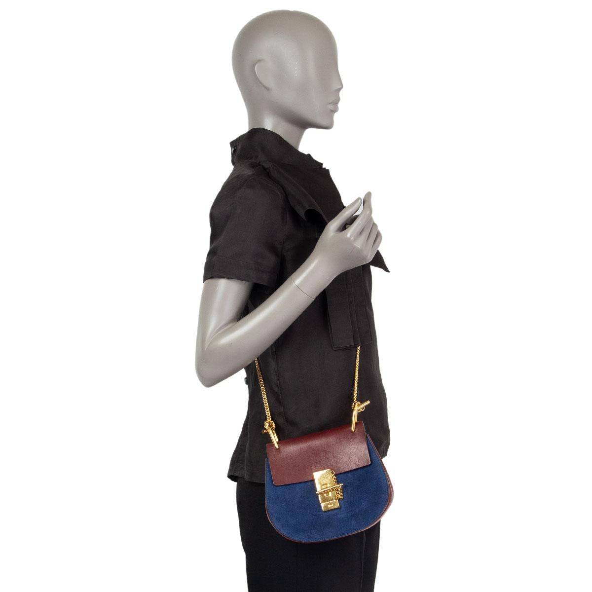 Women's CHLOE blue suede & burgundy leather DREW MINI Shoulder Bag For Sale