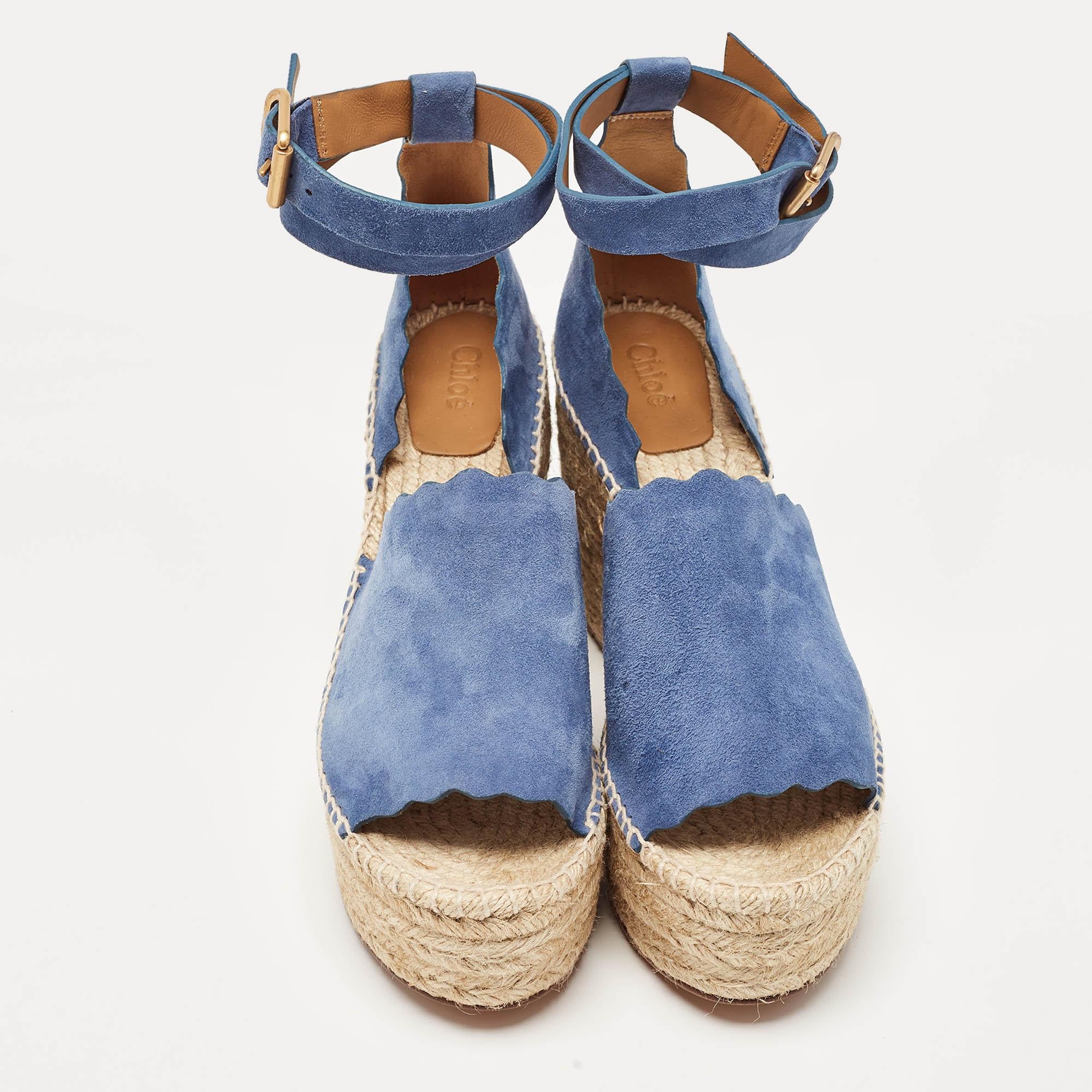 Chloe Blue Suede Lauren Wedge Espadrille Sandals Size 41 In New Condition For Sale In Dubai, Al Qouz 2