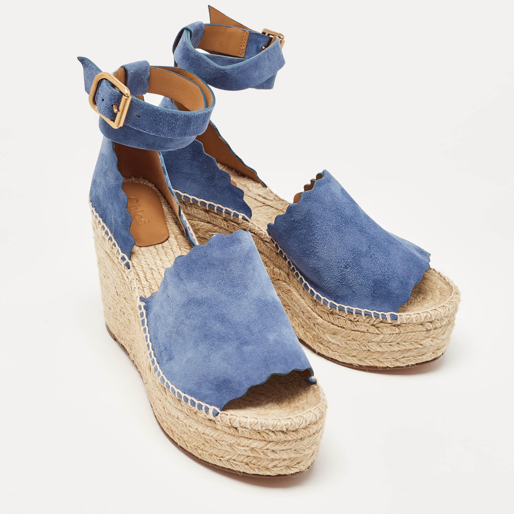 Chloe Blue Suede Lauren Wedge Espadrille Sandals Size 41 For Sale 3