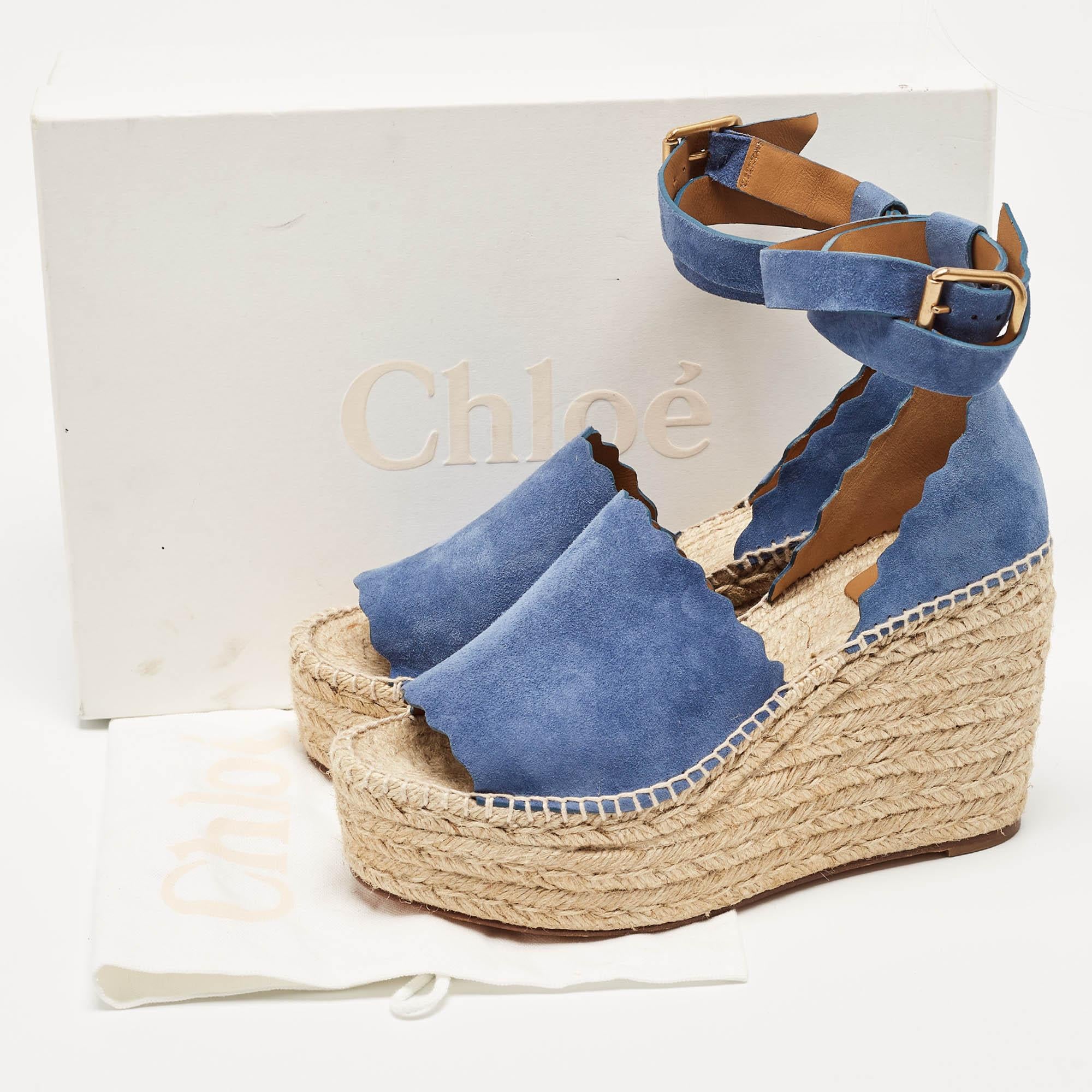 Chloe Blue Suede Lauren Wedge Espadrille Sandals Size 41 For Sale 4