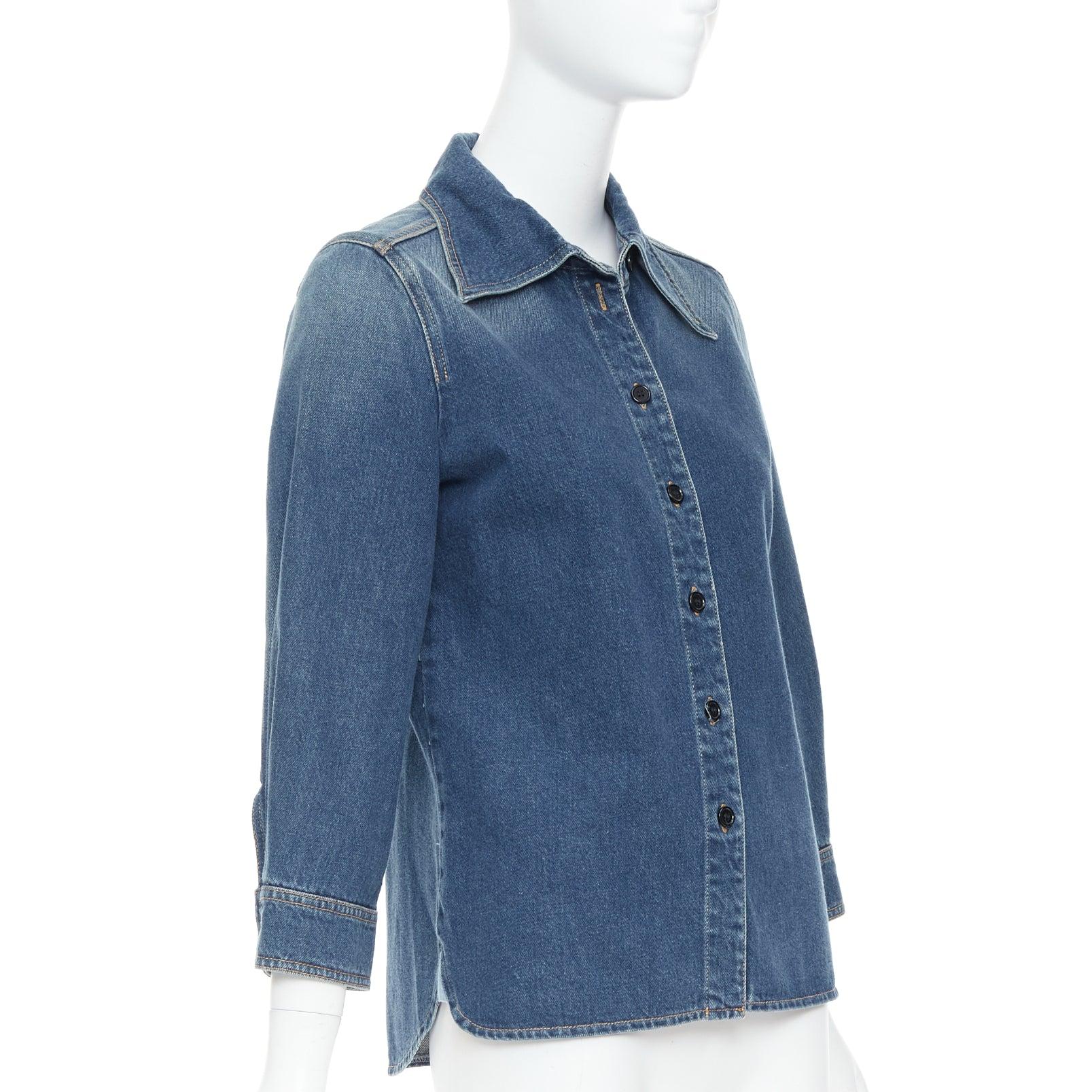 CHLOE blue washed denim cotton cropped sleeve over shirt FR38 M In Excellent Condition For Sale In Hong Kong, NT