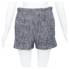 CHLOE blue white cotton linen flax tweed pocketed short shorts FR36 S
