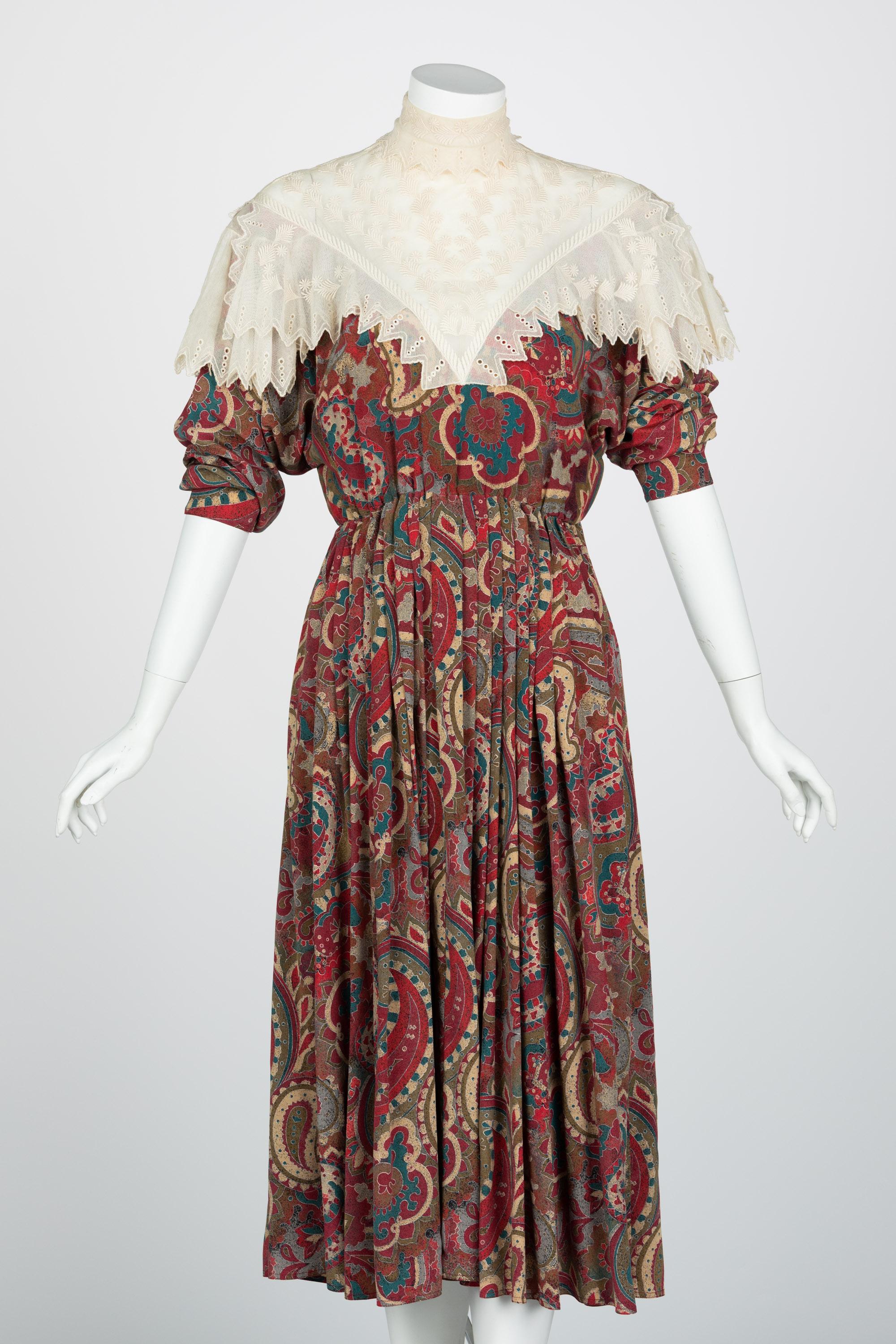 Brown Chloe Karl Lagerfeld  Boteh Dress High Neck Lace Inset, 1981