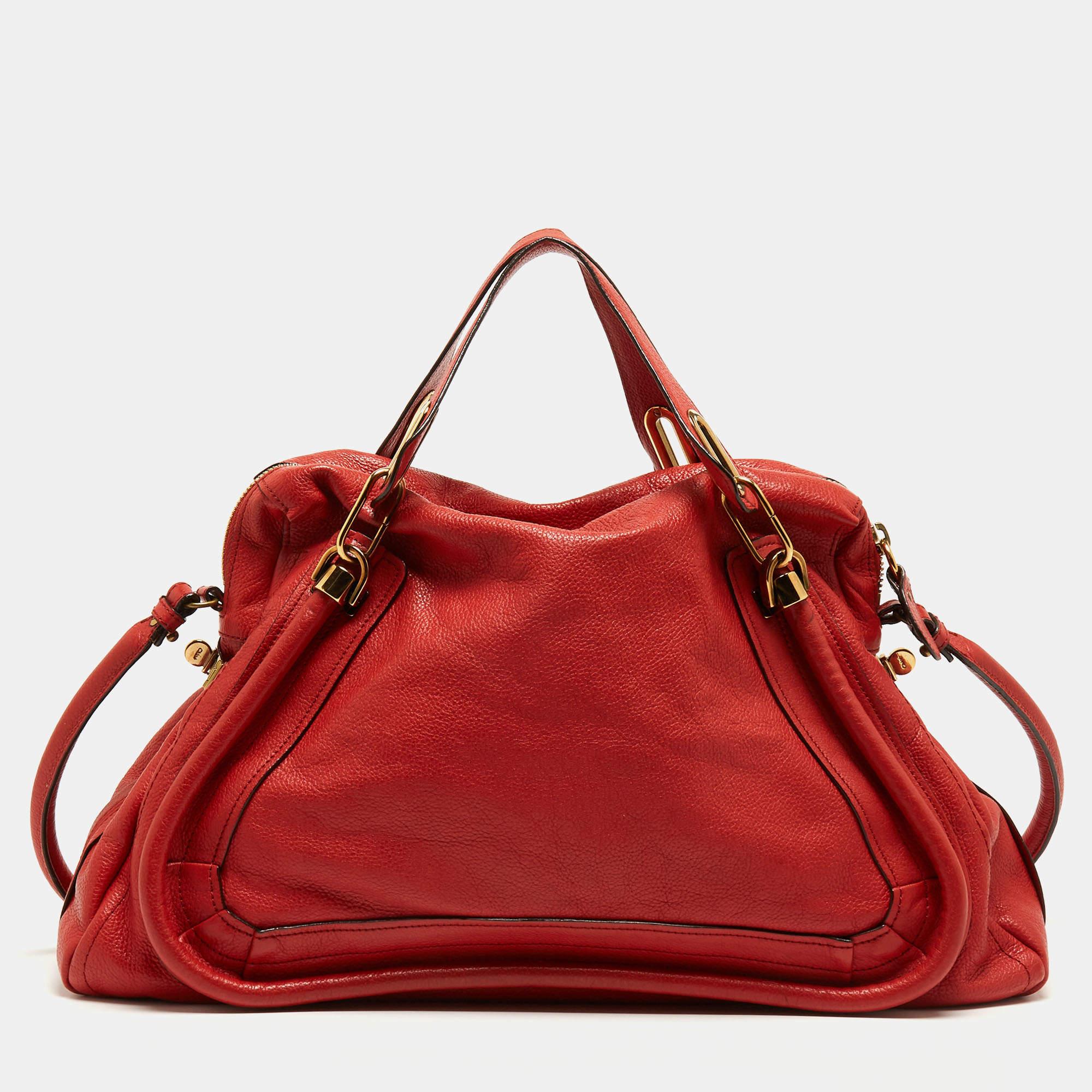 Chloe Brick Red Leather Large Paraty Shoulder Bag In Good Condition For Sale In Dubai, Al Qouz 2