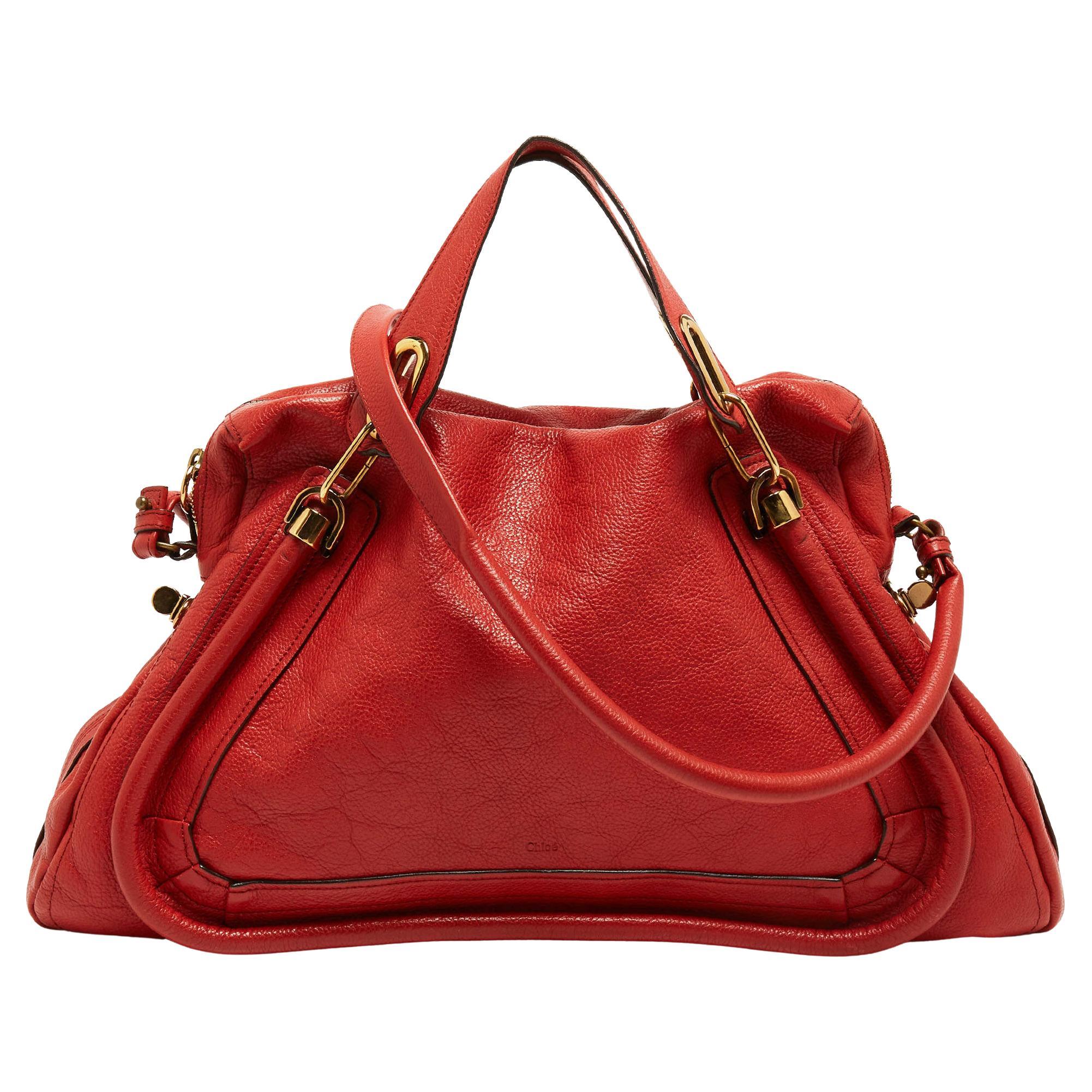 Chloe Brick Red Leather Large Paraty Shoulder Bag For Sale