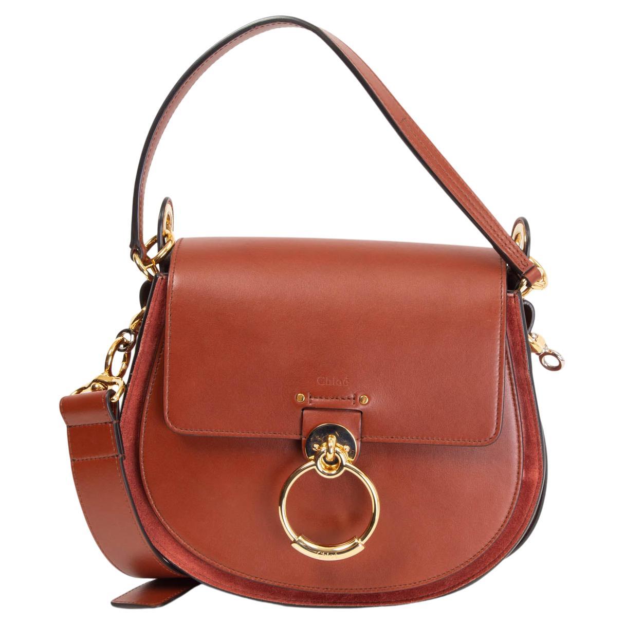 CHLOE brick red leather & suede TESS LARGE Shoulder Bag Sepia Brown