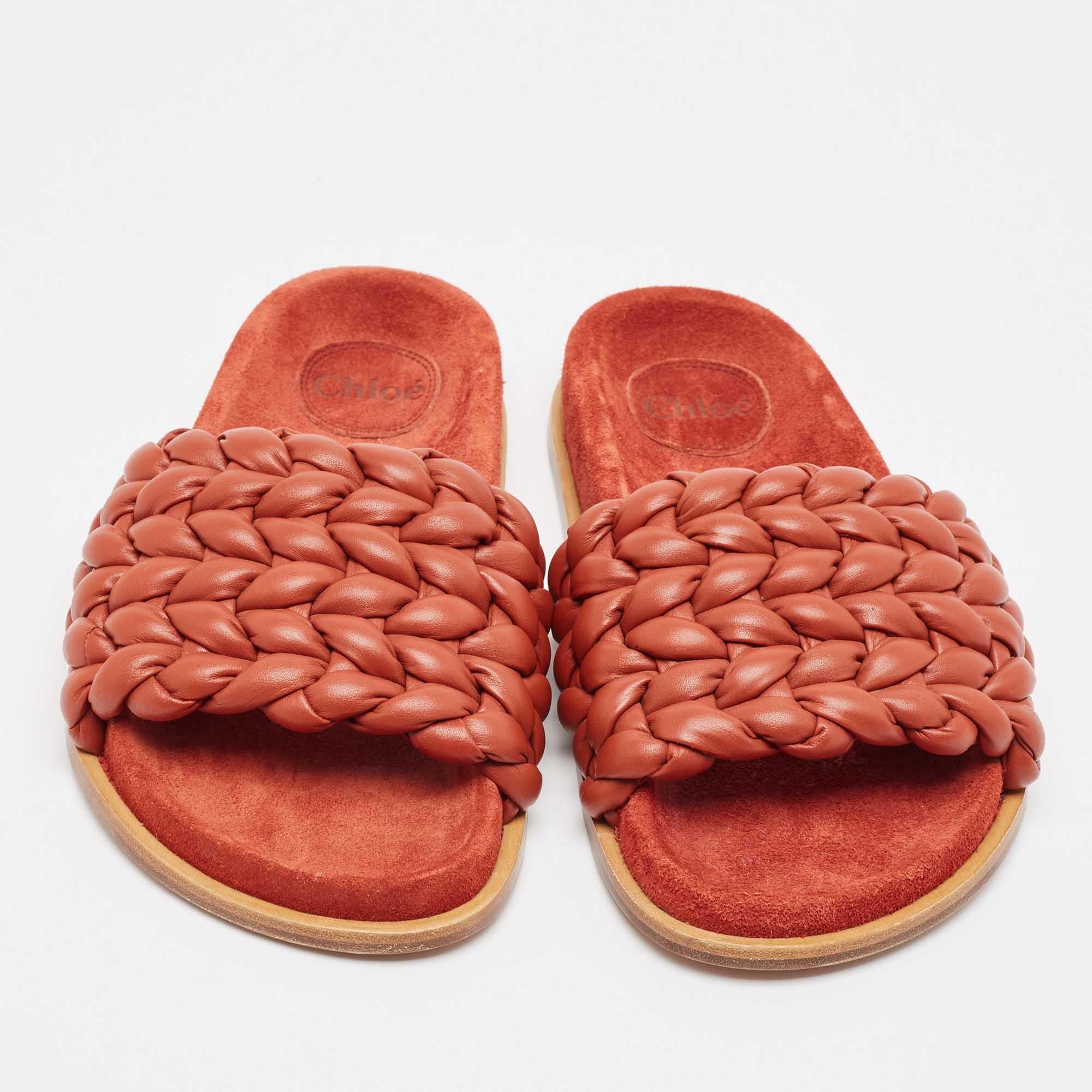 Pink Chloe Brown Braided Leather Kacey Slides Size 36 For Sale