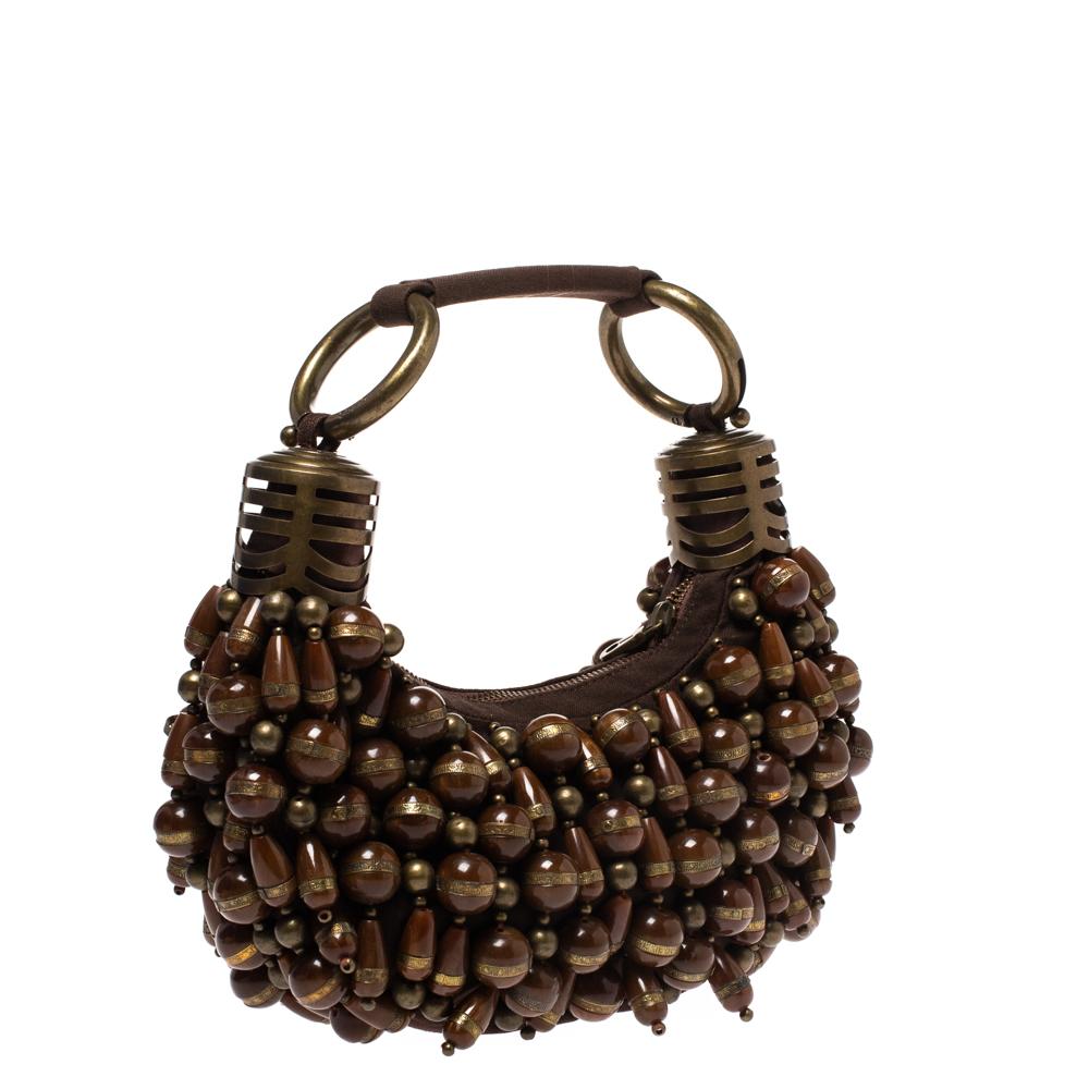 Black Chloe Brown Canvas Beads Embellished Hobo