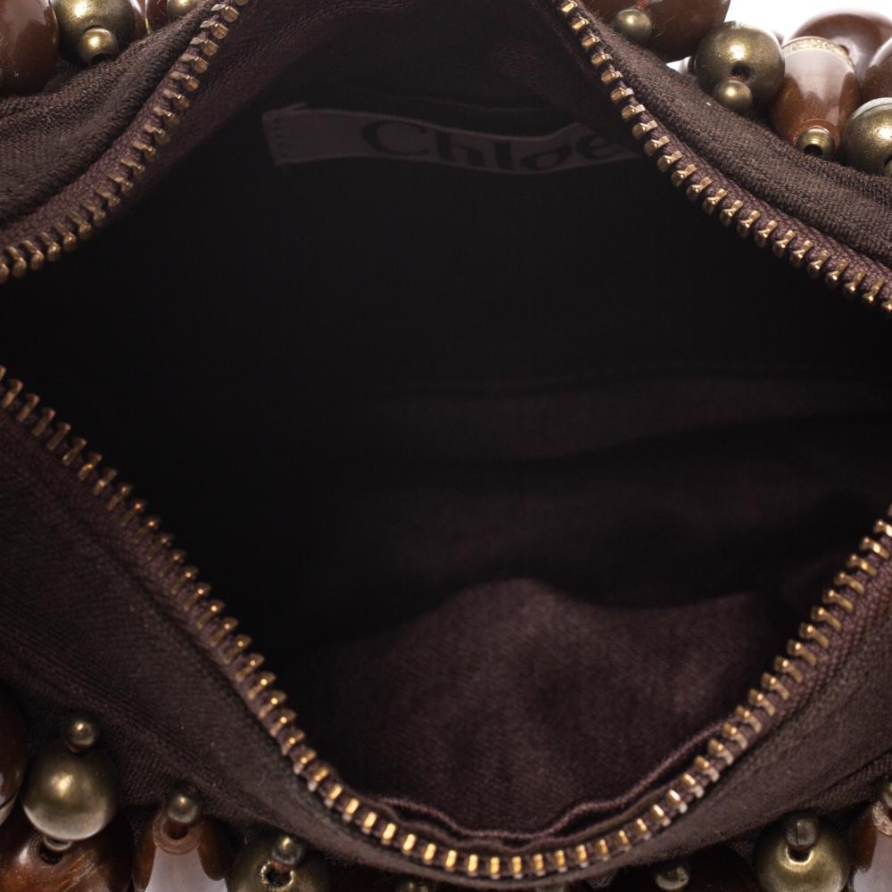 Chloe Brown Canvas Beads Embellished Hobo 2