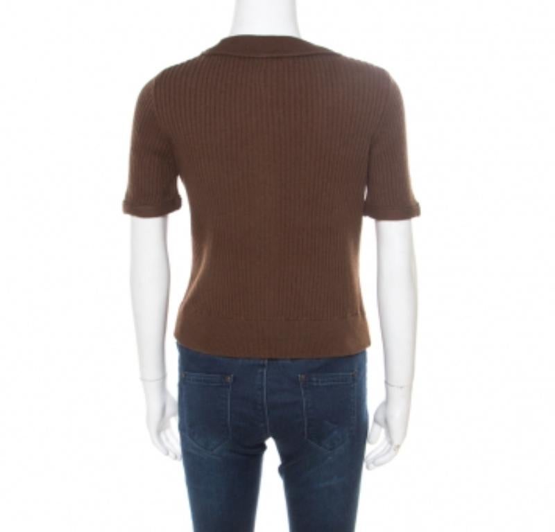 Crop Top Chloe marrone in cotone e lino a coste M in vendita 1