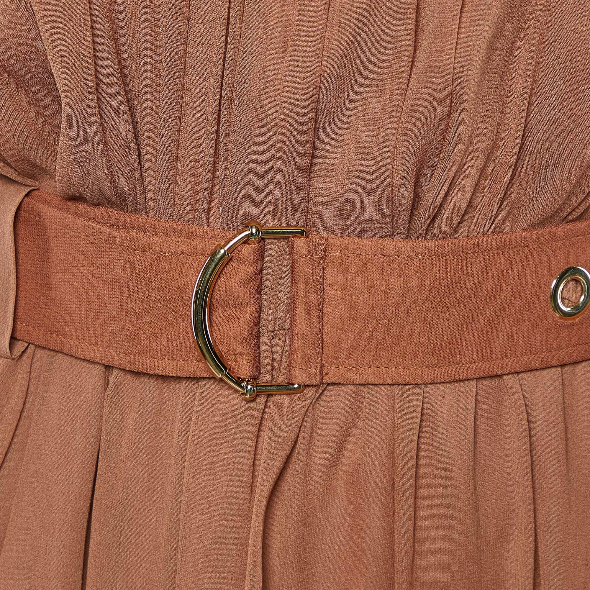 Chloe Brown Crepe & Chiffon Belted Mini Dress L In Good Condition For Sale In Dubai, Al Qouz 2