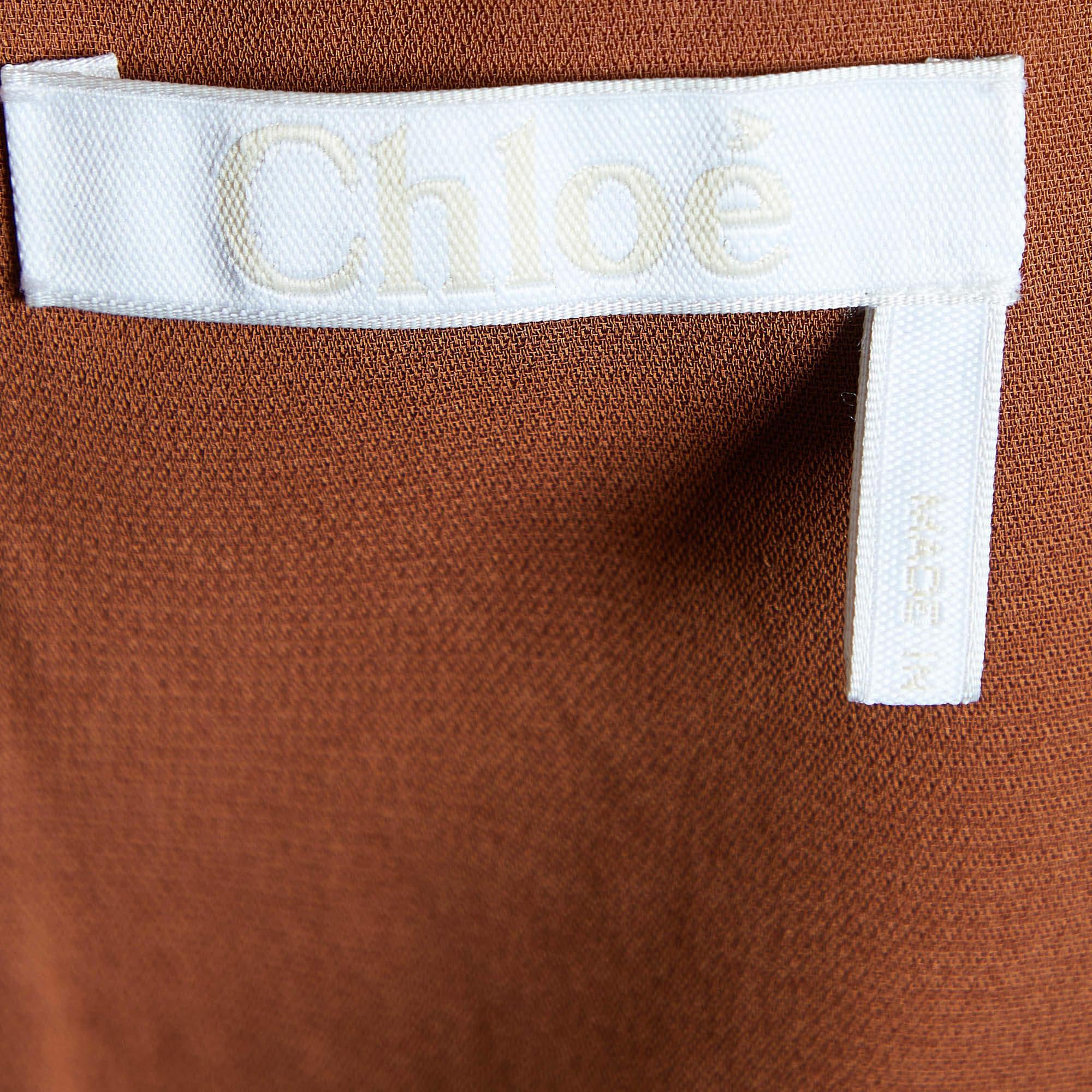 Chloe Brown Crepe & Chiffon Belted Mini Dress L For Sale 1