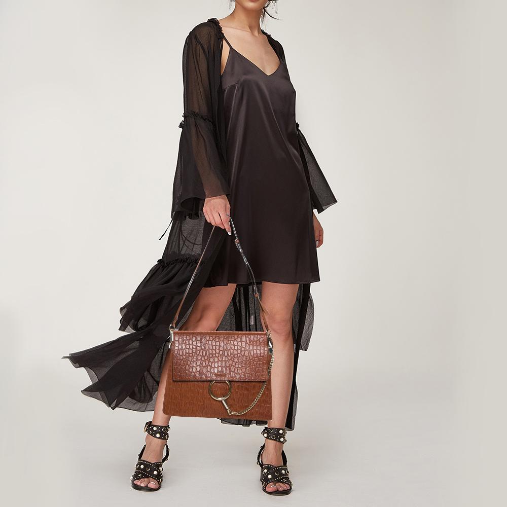 Chloe Brown Croc Embossed Leather Medium Faye Shoulder Bag In Good Condition In Dubai, Al Qouz 2
