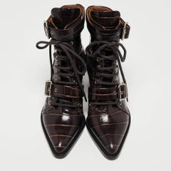 Chloe Brown Croc Leather Embossed Rylee Pointed Toe Boots 38