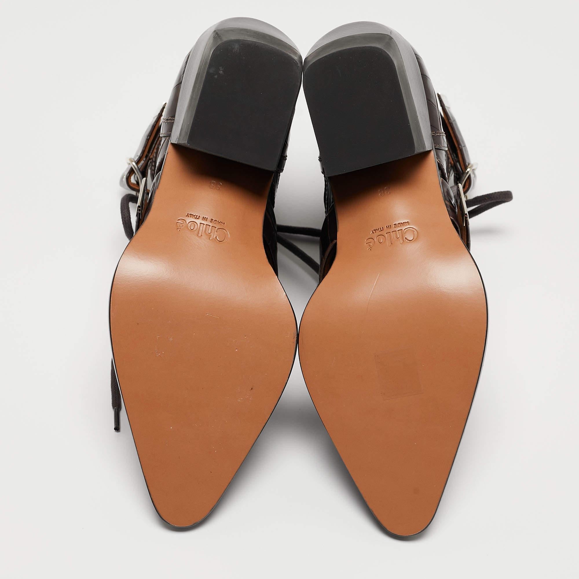 Chloe Brown Croc Leather Embossed Rylee Pointed Toe Boots 38 For Sale ...