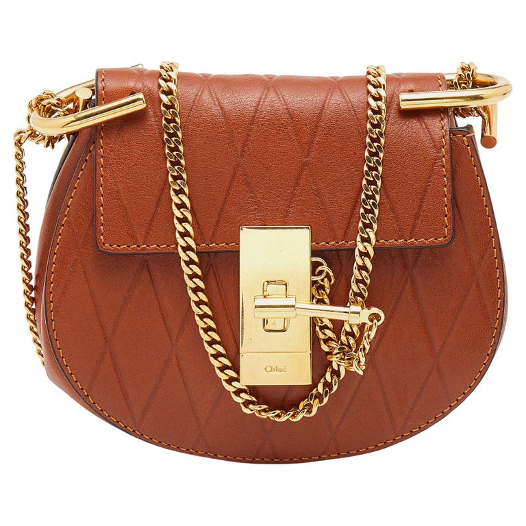 Chloe Brown Diamond Embossed Leather Nano Drew Crossbody Bag For Sale