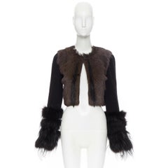 CHLOE brown goat fur fox trimmed cuff wool cashmere knitted cropped jacket FR34