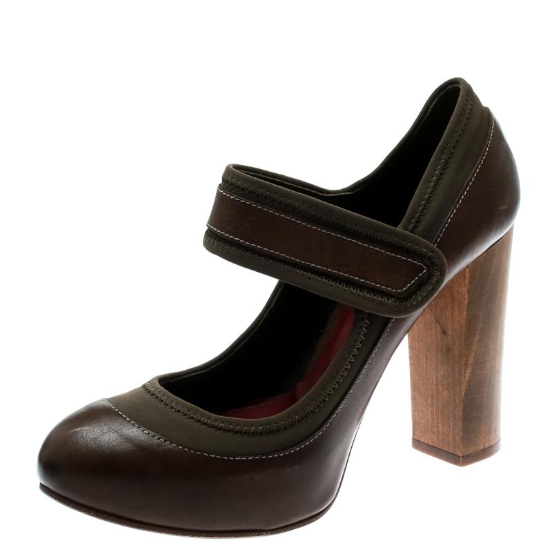 Chloe Brown Leather And Khaki Fabric Mary Jane Block Heel Platform Pumps Size 38 1