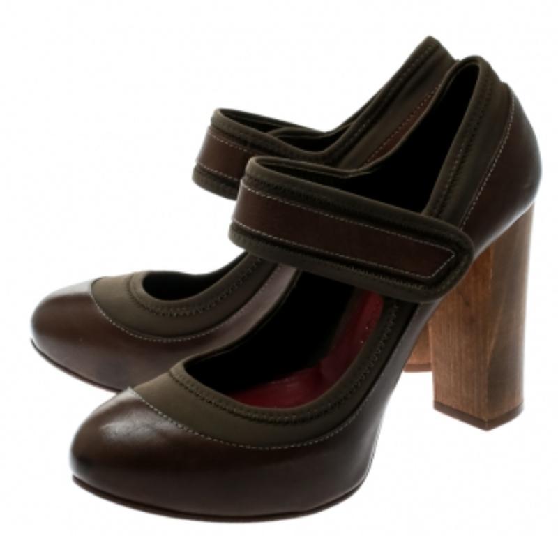 Chloe Brown Leather and Khaki Fabric Mary Jane Block Heel Platform Pumps Taille 38 en vente 2