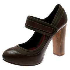 Mary Jane Plateau Pumps mit Blockabsatz aus braunem Leder und Khakifarbenem Stoff, Größe 38