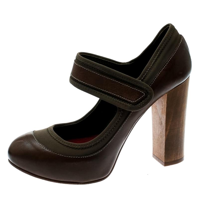 Chloe Brown Leather And Khaki Fabric Mary Jane Block Heel Platform Pumps Size 38