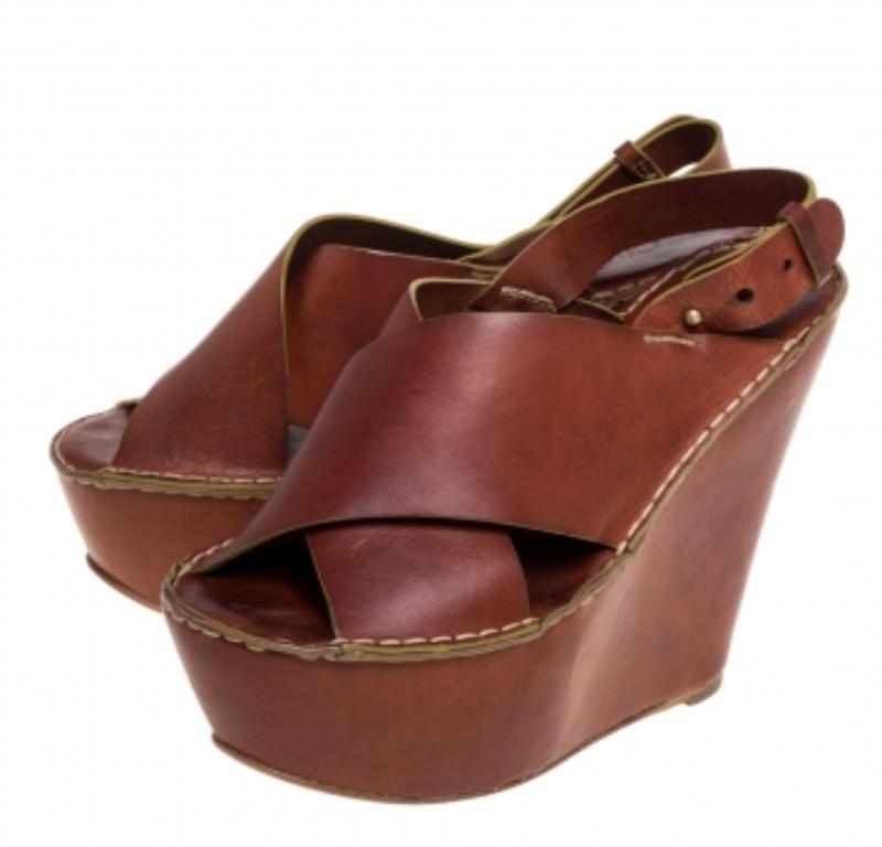 Chloe Brown Leather Criss Cross Platform Wedge Sandals Size 38 im Angebot 1