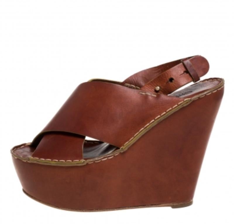 Chloe Brown Leather Criss Cross Platform Wedge Sandals Size 38 im Angebot 2