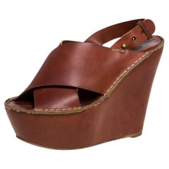 Chloe Brown Leather Criss Cross Platform Wedge Sandals Size 38