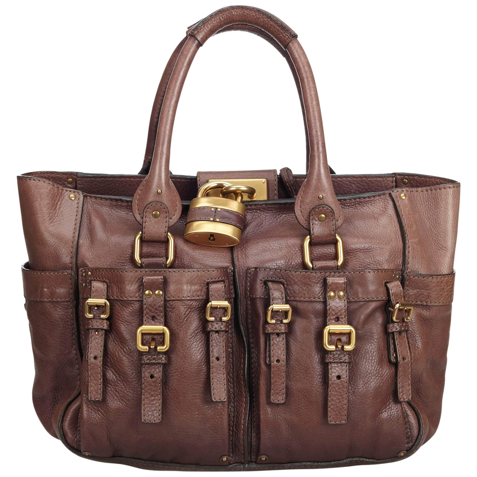 Chloe Brown Leather Double Pocket Paddington Tote Bag For Sale