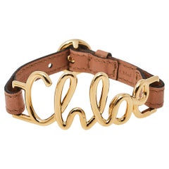 Chloe Brown Leather Gold Tone Logo Bracelet