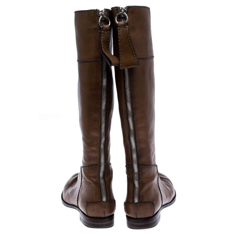 Women's Chloe Brown Leather Knee Length Flat Boots Size 42 For Sale