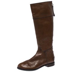 Used Chloe Brown Leather Knee Length Flat Boots Size 42